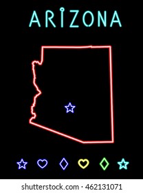Neon bright lights, Vector illustration with simulated glow lamps and signs. America, USA, Arizona. State map and a set of graphical symbols to mark the cities and the capital. EPS 8.