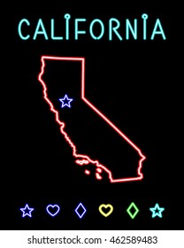 Neon bright lights, Vector illustration with simulated glow lamps and signs. America, USA, California. State map and a set of graphical symbols to mark the cities and the capital. EPS 8.