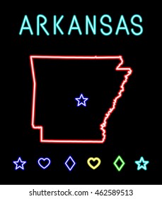 Neon bright lights, Vector illustration with simulated glow lamps and signs. America, USA, Arkansas. State map and a set of graphical symbols to mark the cities and the capital. EPS 8.