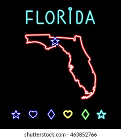 Neon bright lights, Vector illustration with simulated glow lamps and signs. America, USA, Florida. State map and a set of graphical symbols to mark the cities and the capital. EPS 8.