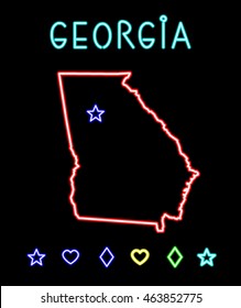 Neon bright lights, Vector illustration with simulated glow lamps and signs. America, USA, Georgia. State map and a set of graphical symbols to mark the cities and the capital. EPS 8.