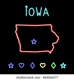 Neon bright lights, Vector illustration with simulated glow lamps and signs. America, USA, Iowa. State map and a set of graphical symbols to mark the cities and the capital. EPS 8.