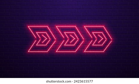 Neon bright pink creative arrow on the background of a purple brick wall.