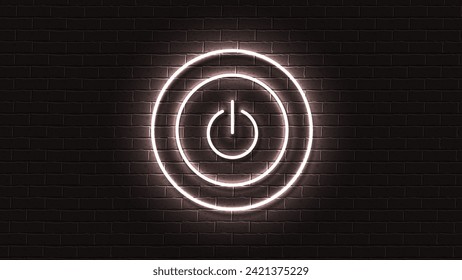Neon bright power button in a shiny golden circle on a brick wall background.