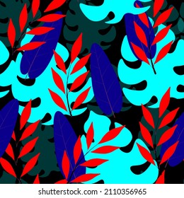 Neon bright seamless pattern with colorful tropical leaves and plants on black background. Hawaiian patterns. 