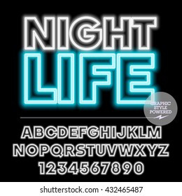 Neon bright set of alphabet letters, numbers and punctuation symbols. Vector light up colorful label with text Night life