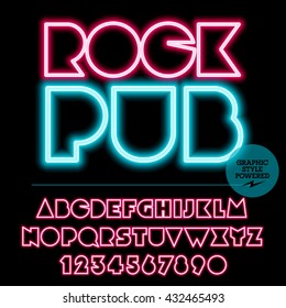 Neon bright set of alphabet letters, numbers and punctuation symbols. Vector light up colorful sign with text Rock pub