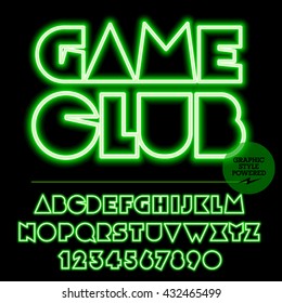 Neon bright set of alphabet letters, numbers and punctuation symbols. Vector light up green logo with text Game club