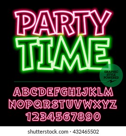 Neon bright set of alphabet letters, numbers and punctuation symbols. Vector light up colorful icon with text Party time