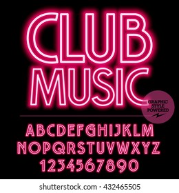 Neon bright set of alphabet letters, numbers and punctuation symbols. Vector light up red logo with text Club music