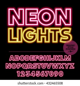 Neon bright set of alphabet letters, numbers and punctuation symbols. Vector light up colorful logotype with text Neon lights