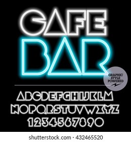 Neon bright set of alphabet letters, numbers and punctuation symbols. Vector light up colorful icon with text Cafe bar