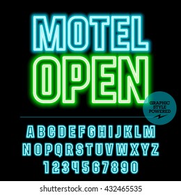 Neon bright set of alphabet letters, numbers and punctuation symbols. Vector light up colorful sign with text Motel open