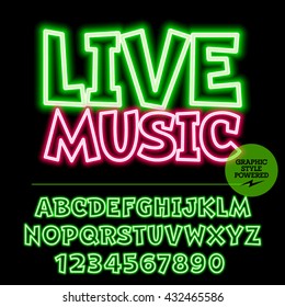 Neon bright set of alphabet letters, numbers and punctuation symbols. Vector light up colorful emblem with text Live music