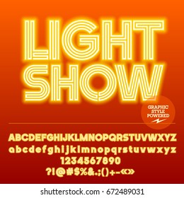 Neon bright set of Alphabet letters, Numbers and Punctuation symbols. Font contains graphic style. Vector icon with text Light Show.