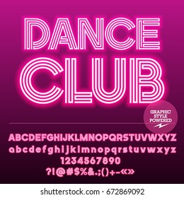 Neon Bright Set Of Alphabet Letters. Font Contains Graphic Style. Vector Icon With Text Dance Club