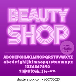 Neon bright set of Alphabet Letters, Numbers and Punctuation symbols. Font contains graphic style. Vector icon with text Beauty Shop