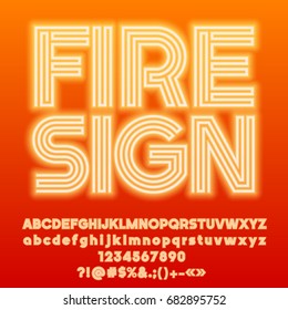 Neon bright set of Alphabet letters, Numbers and Punctuation symbols. Font contains graphic style. Vector icon with text Fire Sign.