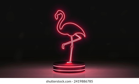 Neon bright shiny flamingo bird icon on the podium on a black background.