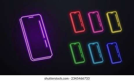 Neon bright shiny glowing 3d smartphone in different colors. Mobile phone icons.