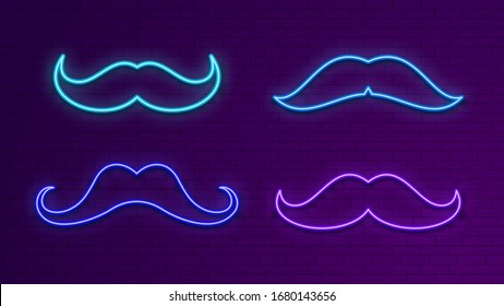 Neon bright signboards. Blue light mustache. Glow male symbol for bar, dance club, shop. Electric outside banner vector set