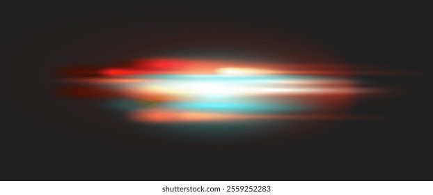 Neon bright speed line, isolated fast of acceleration and movement. Vector light trail, motion blur effect. Night illumination, futuristic flash glowing and shining on street or highway