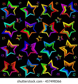 Neon bright stars. The pattern and the background of the stars on a black background