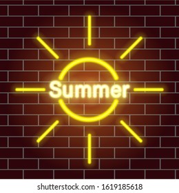 Neon bright sun and text. Retro luminous summer sun. Night light advertising. Vector illustration