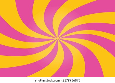 Neon bright twisted sunburst background design. Vector twisted sunshine with yellow Sun rays on pink backdrop. Sun burst wallpaper, abstract horizontal retro vintage banner template