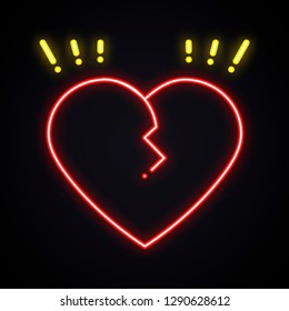 Neon broken heart sign. Light divorce symbol. Heartbreak, treachery, breakup bright theme.