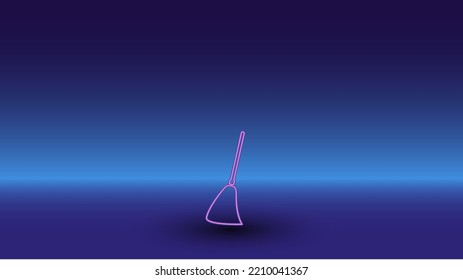 Neon broom symbol on a gradient blue background. The isolated symbol is located in the bottom center. Gradient blue with light blue skyline