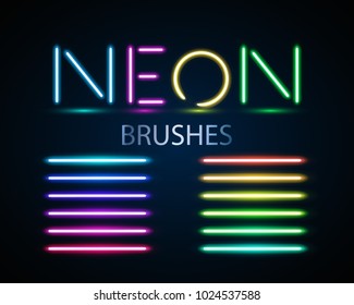 Neon brushes set. Set of colorful light objects on dark backgroun.