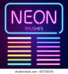 Neon brushes set. Set of colorful light objects on dark background.