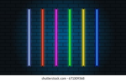 Neon brushes set. Set of colorful light objects on dark background.