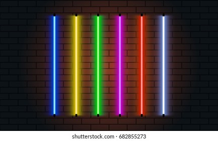 Neon brushes set. Set of colorful light objects on dark background.