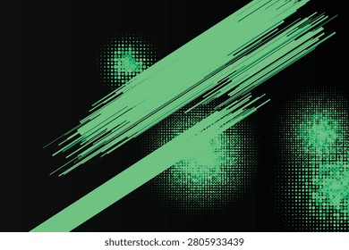 Neon brushstroke halftone patterns on black background, brushstrokes green digitalart