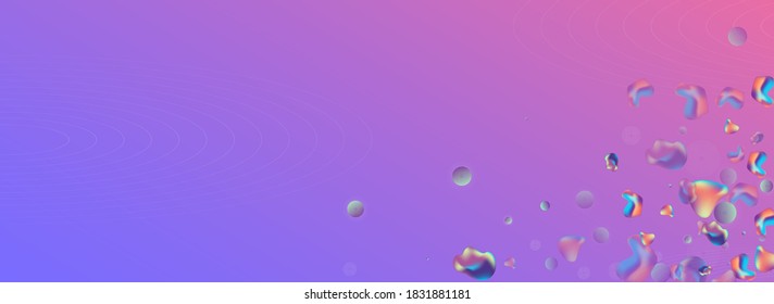 Neon Bubble Minimal Vector Panoramic Blue Background. Geometric Elements Illustration. Hologram Splash Bubbles Layout. Iridescent Futuristic Pattern.