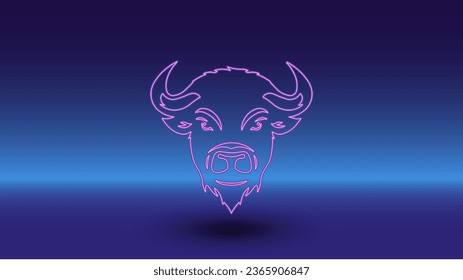 Neon buffalo symbol on a gradient blue background. The isolated symbol is located in the bottom center. Gradient blue with light blue skyline