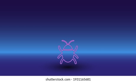 Neon bug symbol on a gradient blue background. The isolated symbol is located in the bottom center. Gradient blue with light blue skyline