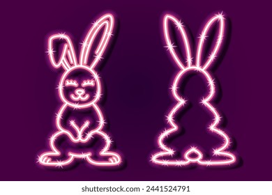 Neon bunnies front and backside. Glowing pink neon rabbits shining in a dark. Bunny neon bulb vector linear design.