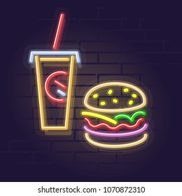 Neon burger and cola. Night illuminated wall street sign. Isolated geometric style illustration on brick wall background.