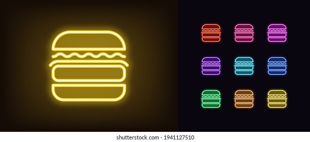 Neon burger icon. Glowing neon hamburger sign, outline cheeseburger symbol in vivid colors. Fast food, burger delivery, yummy meal and lunch, food tech. Vector icon set, sign, symbol for UI