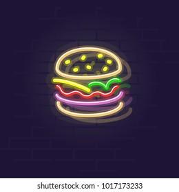 Neon burger. Night illuminated wall street sign. Tasty american food in dark night. Isolated line art style illustration on brick wall background.