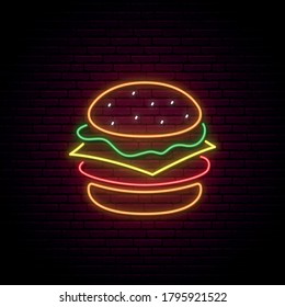 Neon burger sign. Glowing burger emblem isolated on dark brick wall background . Concept fast food logo. Vector illustration.