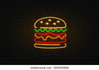 Neon burger sign. Glowing burger emblem isolated on dark brick wall background . Concept fast food logo. Vector illustration.