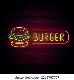 Neon Burger Schild. Glühende Burger Ikone und Text für Cafe, Restaurant, Bar Werbung. Neonsignatur. Vektorgrafik.