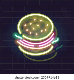 Neon burger top view. Isolated cheeseburger silhouette on brick wall background.