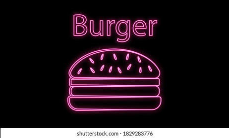 hamburguesa de neón, ilustración vectorial. hamburguesa hecha de neón rosa sobre un fondo negro mate. cartel para comida rápida, apetitoso anuncio. para las redes sociales. Cena deliciosa.
