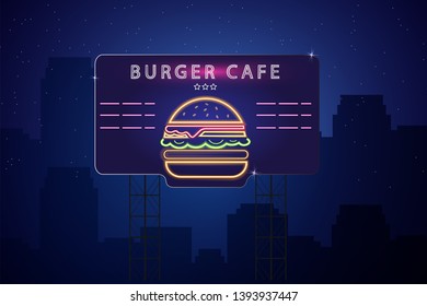 Neon burger Vector poster. Glowing sign dark city background. Fastfood light billboard symbol. Cafe menu items