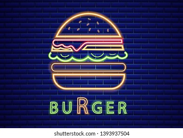 Neon burger Vector poster. Glowing sign fastfood light billboard symbol. Cafe menu items